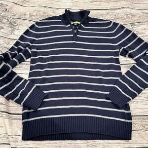 Prince & Fox Men's Striped Quarter ZipSweater in Navy & Gray Size Small